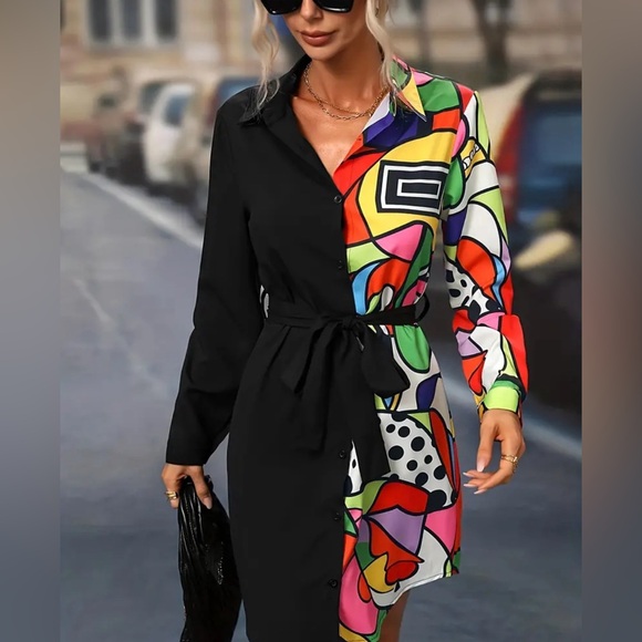 Geo Print Contrast Shirt Dress, Casual Button Front Long Sleeve Dress - Picture 1 of 6